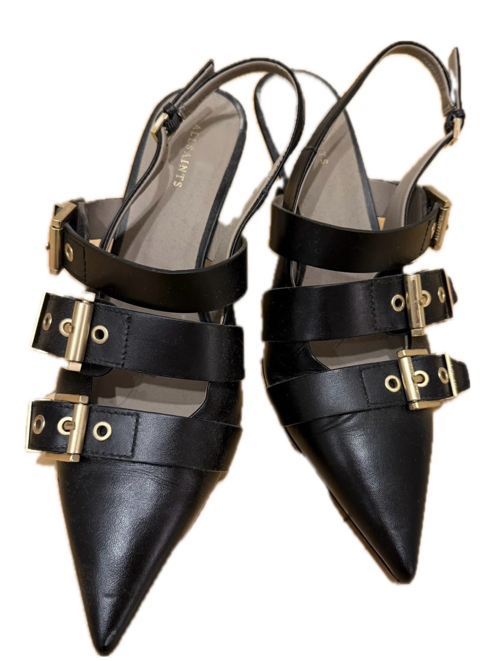 AllSaints Black Pointed Slingback Flats with Gold Buckles